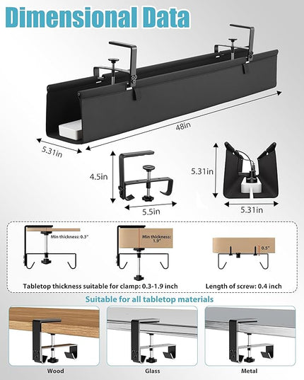 Oxford Cloth Under Desk Cable Management Tray,No-Drill 48" Desk Cable Management Organizer with Clip/Screw Installation,Holds Up to 70 lbs,Fabric Cable Management for Home,Office & Gaming Computer