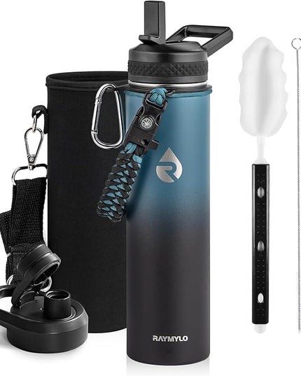 Insulated Water Bottle 24oz, Triple Wall Vacuum Stainless Steel (Cold for 48 Hrs, Hot for 24Hrs), Leak Proof & Non-BPA, 24oz Hydro Water Flask with Paracord Handle & Straw Spout Lids