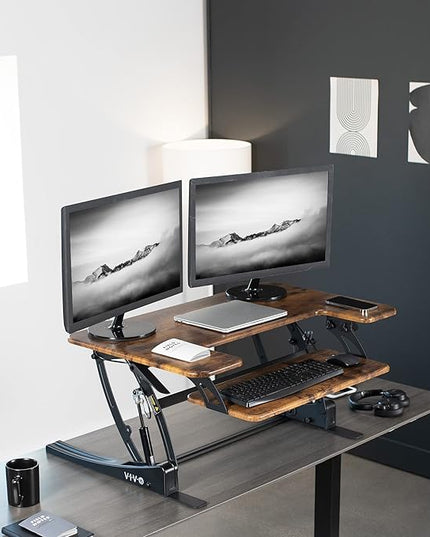 VIVO 36 inch Height Adjustable Stand Up Desk Converter, V Series, Quick Sit to Stand Tabletop Dual Monitor Riser Workstation, Rustic Vintage Brown Top, Black Frame, DESK-V000VN