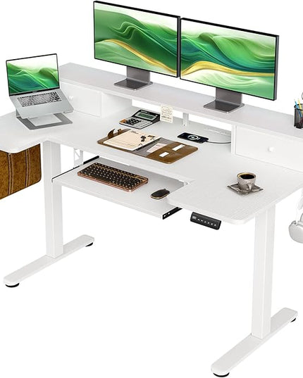 OffiGo U Shaped Electric Standing Desk with Drawers, 55 Inch Height Adjustable Desk with Keyboard Tray ＆ Ergonomic Monitor Stand, Sit Stand Table with Power Outlets for Home, Office, White