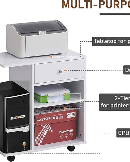 Vinsetto Mobile Printer Stand, Rolling File Cabinet Cart with Wheels, Adjustable Shelf, Drawer and CPU Stand, White