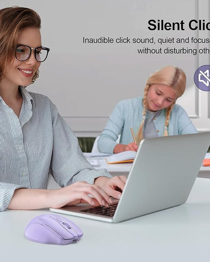 TECKNET Wireless Mouse (BT5.0/3.0 & 2.4G) Rechargeable 4800 DPI Silent USB A & Bluetooth Mouse 6 Buttons, Wide Compatibility - Lavender