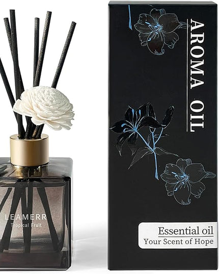 LEAMERR Reed Diffuser Set, 6.1 oz (180 ml) Tropical Fruit Scented Diffuser with Sticks Long-Lasting Home Fragrance Reed Diffuser for Home Room Office Bathroom Shelf Decor