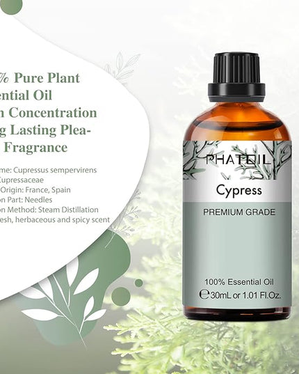 Cypress Essential Oil, 1.01Fl.Oz (30ML) PHATOIL Pure Essential Oil Singles for Aromatherapy Diffusers, Humidifiers, Great for DIY Candle and Soap Making, Gift for Friend
