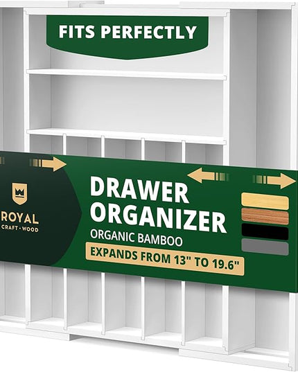 ROYAL CRAFT WOOD Luxury Bamboo Kitchen Drawer Organizer - Silverware Organizer - Utensil Holder and Cutlery Tray with Grooved Drawer Dividers for Flatware and Kitchen Utensils (9 Slot, White)