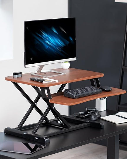 VIVO 26 inch Desk Converter, K Series, Height Adjustable Sit to Stand Riser, Dual Monitor and Laptop Workstation with Keyboard Tray, Dark Walnut Top, Black Frame, DESK-V026KA