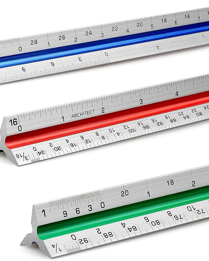 12" Architectural Scale Ruler Aluminum Architect Scale Triangular Scale Ruler for Architects, Draftsman, Students and Engineers, Color-Coded (1 Pack)