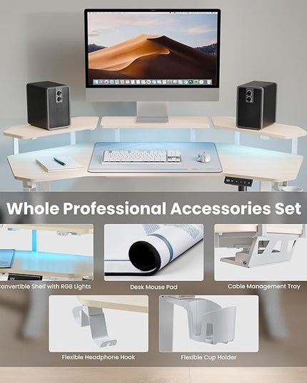 EUREKA ERGONOMIC Aero 55 Inch W Shaped Electric Standing Desk, Height Adjustable Computer Gaming Desk with LED Monitor Shelf, Mouse Pad, Headphone Hook, Cup Holder, Natural Maple