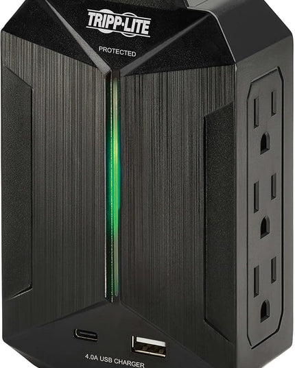 Tripp Lite Surge Protector Power Strip 6-Outlets + 1 USB & 1 USB-C Port, Direct Wall Plug-in, Black, Green LED Light, 490 Joules, EMI/RFI Filtering, 20,000 Insurance (SK62USBC)