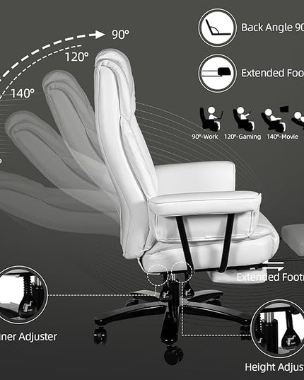 Reclining Office Chair with Footrest, Big and Tall Home Office Desk Chairs 400lbs with High Back, Criss Cross Wide Seat, Heavy Duty Base, Pu Leather, White
