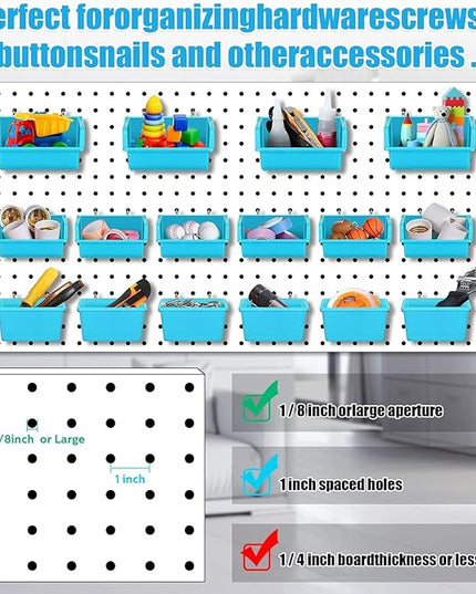 Roowest 60 Pcs Pegboard Cups Pegboard Bins Set, Wall Organizer with Hooks and Loops, Hooks Assortment Organizer Accessory for Office Storage Garage Craft Workshop(Blue)