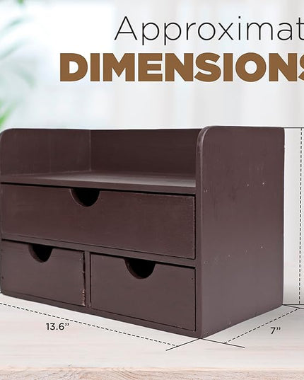 Besti Wooden Office Desk Organizer - Organizing Tool for Desktop, Cubicle, Bedroom, Kitchen - Vintage Style Organization Caddy with Top Tray Shelf & 3 Drawers - 13.6x9x7 Inches (Dark Brown)
