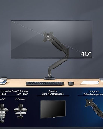 VIVO Premium Aluminum Heavy Duty Single Monitor Arm for Ultrawide Monitor up to 40 inches and 30 lbs, Desk Mount Stand, Pneumatic Height, Max VESA 100x100, Black, STAND-V110Q