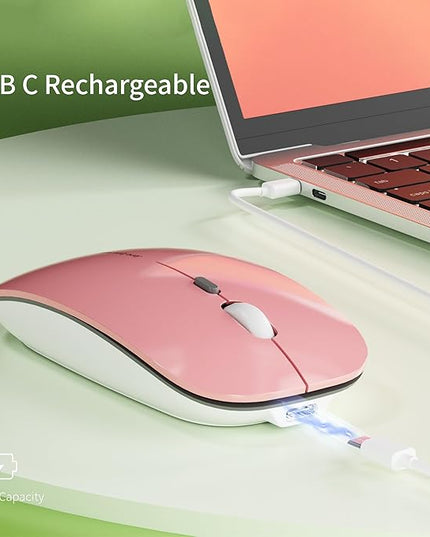 Uciefy Q5 Slim Rechargeable Wireless Mouse, 2.4G Portable Optical Silent Ultra Thin Wireless Computer Mouse with USB Receiver and Type C Adapter, Compatible with PC, Laptop, Desktop (Pink)