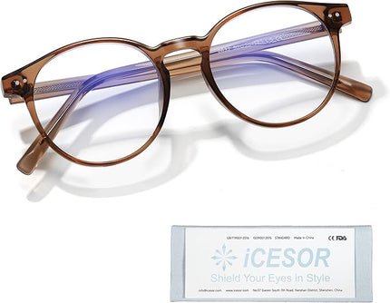 Icesor Round Blue Light Blocking Glasses Lightweight Chic Frame Anti Eye Strain Protection Computer Gaming for Women and Men