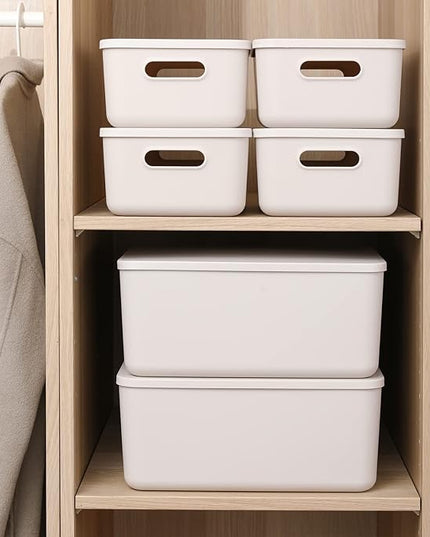 Plastic Storage Baskets With Lid Organizing Container Lidded Knit Storage Organizer Bins for Shelves Drawers Desktop Closet Playroom Classroom Office (M+2S, Light grey)