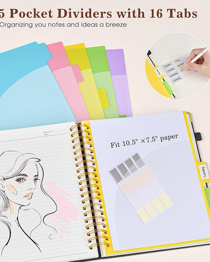 Hardcover Large Spiral Notebook 8.5" x 11" with Removable Dividers Tabs, 300 pages Leather 5 Subject Notebook College Ruled, A4 Journal for Women Men, Notebooks for Work School Note taking,Black