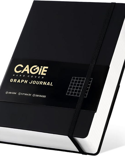 CAGIE Graph Notebook 320 Pages 100 GSM Paper Graphing Grid Journal B5 Hardcover Leather Quad Ruled Notebooks for Engineering, Math, Work, Black