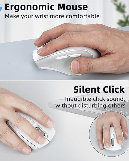 Wireless Mouse with Bluetooth, USB-A, USB-C Receiver, Rechargeable, Full Size Mouse, Silent, Portable, Ergonomic, for MacBook/Laptop/Computer/PC/iPad (White)