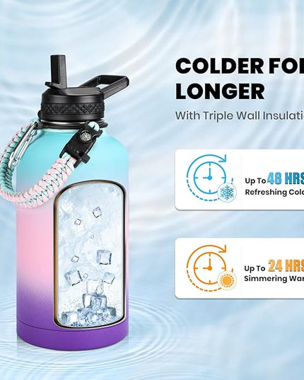 Insulated Water Bottle 64 oz, Triple Wall Vacuum Stainless Steel (Cold for 48 Hrs), Leak Proof & Non-BPA, Half Gallon Water Flask Jug with Paracord Handle & Straw Spout Lids, Hydrangea