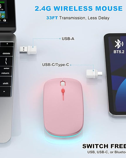 LED Bluetooth Wireless Mouse for MacBook Air Mac Pro Laptop iPad –Rechargeable Silent Light-Up Optical Mouse with Jiggler Dual Mode BT5.2 & USB-A/USB-C for Students, Kids, Girls, Boys – Rose Gold
