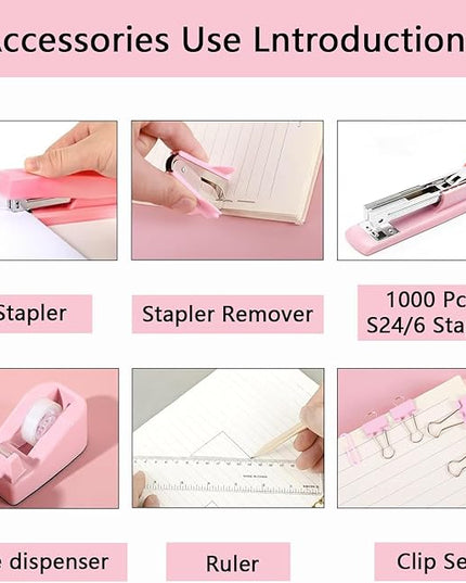 suniya Office Supplies,Desk Accessories,Tape Holder,Stapler,Scissor,Staple Remover,Box of Binder Clips,Staples,Ballpoint Pen,Sticky Notes,Clear Tape,Ruler,Office Supplies Set Pink