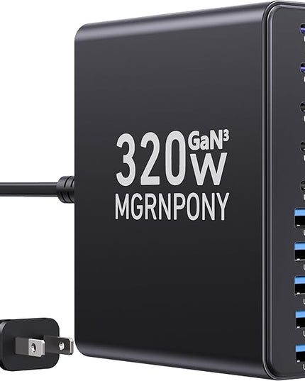 320W USB C Charger Block, 10-Port USB C Charging Station GaN III PD 65W Laptop Fast Charger Adapter for MacBook Pro/Air, DELL, iPad, iPhone, Samsung Galaxy Black