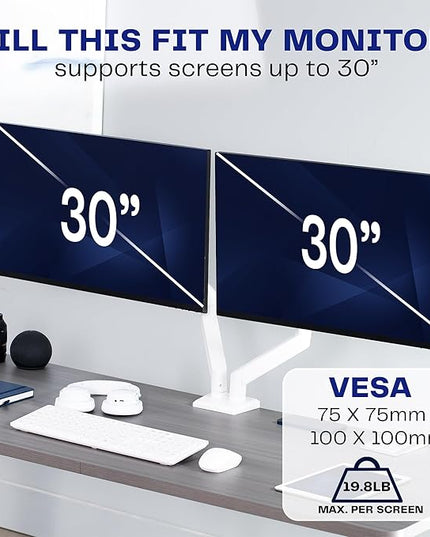 VIVO Aluminum Articulating Dual Monitor Arm for 13 to 30 inch Screens, Desk Mount Tension Spring Monitor Stand for 2 Screens, White, STAND-V102OW