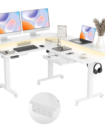 Claiks 63" L Shaped Standing Desk with Drawers and LED Lights, Height Adjustable Electric Corner Standing Desk with Monitor Stand & Power Outlet, 4 Memory Preset, White
