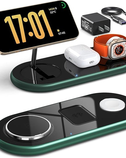 3 in 1 Charging Station for Apple Devices, Faster Mag-Safe Charger Stand, Magnetic Wireless Charger Station for iPhone 17 16 15 14 13 12 Pro Max Plus, Apple Watch iwacth & AirPods, (Alpine Green)