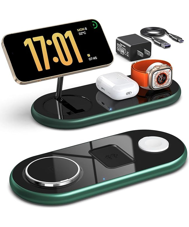 3 in 1 Charging Station for Apple Devices, Faster Mag-Safe Charger Stand, Magnetic Wireless Charger Station for iPhone 17 16 15 14 13 12 Pro Max Plus, Apple Watch iwacth & AirPods, (Alpine Green)