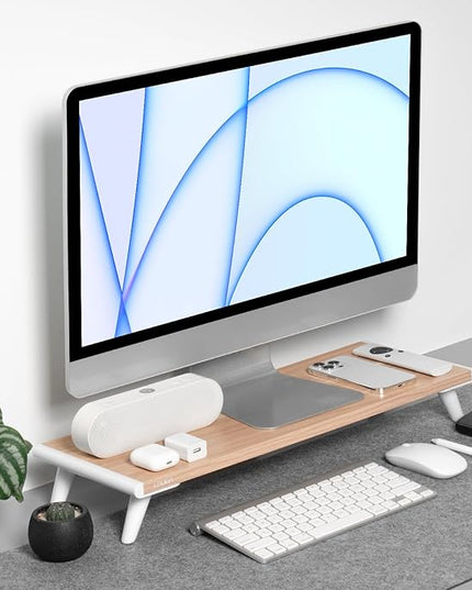 loukin Monitor Stand Riser for Desk, 22.4" x 8.3" Larger Computer Stand for Laptop, PC, Printer, Sturdy Desktop Computer Shelf with Non-Skid Rubber, Home Office, Natural Wood