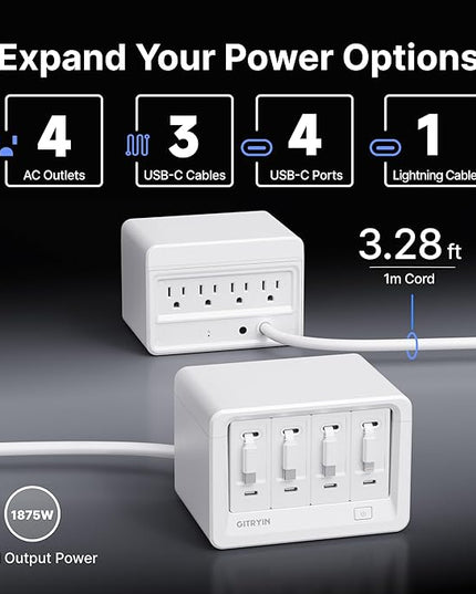 Gitryin 12-in-1 Desktop Charging Station with 3 Retractable Type-C Chargers and 1 Lightning Charger, 40W USB-C Power Strip with 33.5in Cable, Extension Cord with 1020J Surge Protection for Home Office