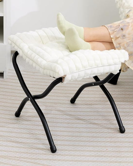 HollyHOME 15"(H) Folding Footrest Stool, Upholstered Small Foldable Ottoman, Accent Padded Sofa Foot Stool for Lazy Chair, Metal Portable Foot Rest Ottoman for Living Room, Bedroom, Faux-Fur White