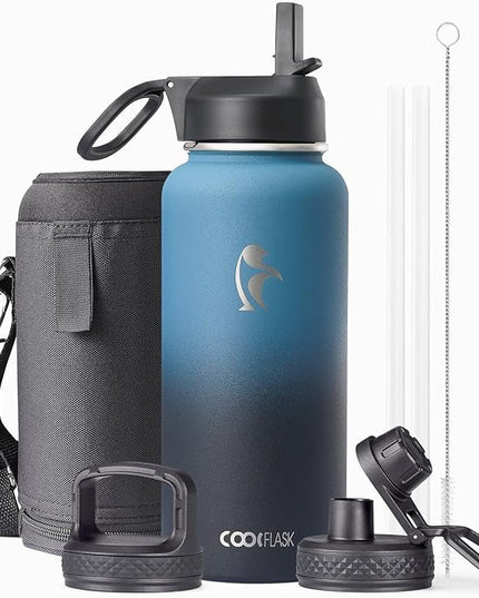 Water Bottle 32 oz Insulated with Straw, Coolflask Stainless Steel Metal 3 Lids Water Flask Wide Mouth for Sports or Office, Non-BPA Keep Cold Up to 48 Hrs or Hot Up to 24 Hrs, Samurai Cyan