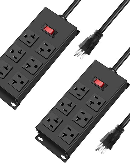 JUNNUJ 20 Amp Power Strip Heavy Duty 2 Pack, Garage 6 Outlets Metal 12 Gauge Surge Protector 3000J, High Amp 5-15P Adapter Shop 6-20R T-Slot Industrial (6AC 2-Pack, 6FT)