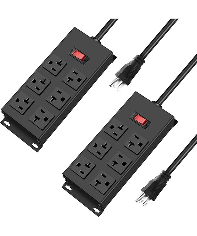 JUNNUJ 20 Amp Power Strip Heavy Duty 2 Pack, Garage 6 Outlets Metal 12 Gauge Surge Protector 3000J, High Amp 5-15P Adapter Shop 6-20R T-Slot Industrial (6AC 2-Pack, 6FT)