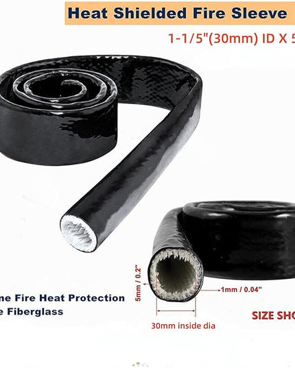 1-1/5"(30mm) ID Heat Shielded Fire Thermo Armor Fire Sleeve Silicone Coated Fiberglass for Automotive Hose Lines & Electrical Wiring Black, 5 feet