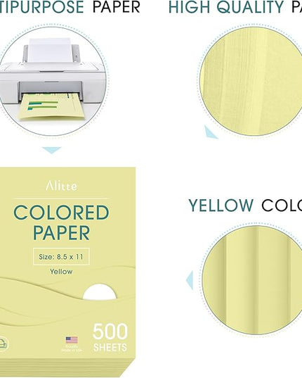 Alitte Colored Paper 500-Sheets - Yellow Paper, 8.5 x 11 Colored Printer Paper, Arts & Crafts, DIY Projects - School & Office Supplies - Pastel Copy Paper, 1 Ream, Made in the USA