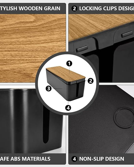 Cable Management Box Large - Wooden Grain Cable Organizer Box to Hide Wires&Power Strips,TV&Desk Computer Wires,with Cable Clips&Reusable Cable Ties for Home&Office(Black)