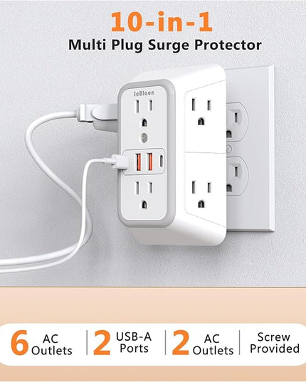 USB Wall Charger Power Strip Surge Protector with 4 USB Ports (2 USB C) Plug Extension Multiple Outlets Plug Extension Multi Outlet Plug in Adapter Spaced Outlets for Home Office Travel,White (White)