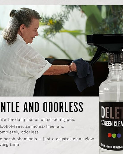 Delete Screen Cleaner Spray Kit, 2 Pack, 16oz and 2oz Bottle and 12"x12" Microfiber Cleaning Cloth, Streak-Free, Safe and Gentle Formula, Multi-Purpose for TVs, Computers, Monitors, Smart Phones