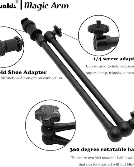 20" Magic Arm Clamp Kit with 1/4" & 3/8" Thread Clamp,Adjustable Friction arm- Articulating arm,with/Phone Clip/Tripod Mount Adapter,for Action Camera/DSLR/LCD Monitor/LED Lights/Cell Phone