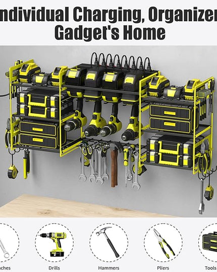 CCCEI Green Power Tool Organizer Wall Mount, Large Tools and Battery Storage Rack Charging Station Individual Switches. Drills Holder, Garage Utility Shelves with 6FT Power Strip. Gift for Men.