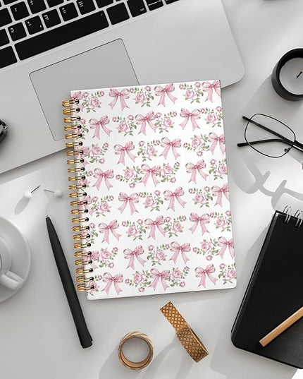 Bow Floral Journal, pink Floral Botanical Notebook, Flower Notebook, Pink Girly Journal, Preppy Gifts for Women, Floral Hardcover Spiral Notebook 80 Sheets -160 Pages 5.5x8.3 Inch
