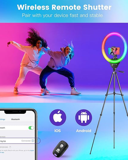 Sensyne 10'' RGB Ring Light with 50'' Extendable Tripod Stand, Circle Lights with Phone Holder for Live Stream/Makeup/YouTube Video/TikTok, Compatible with All Phones