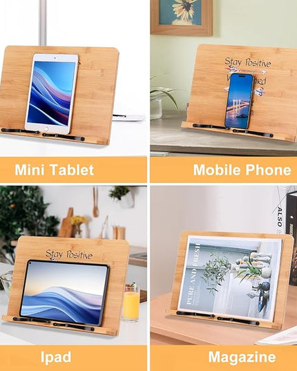 MEGREZ Bamboo Book Stand 13.2 x 9.4 Inch, Foldable Cookbook Holder With 6 Adjustable Heights, Reading Holder for Recipe, Music, Textbook, Tablet Stand, Rose