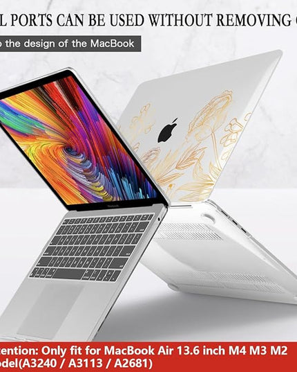 CISSOOK for MacBook Air 13.6 inch Case A3240 A2681 A3113 Release 2022 2023 2024 2025, Plastic Hard Shell Case Keyboard Cover for MacBook Air 13 inch M2 M3 M4, Gold Floral Blossom