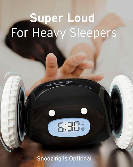 CLOCKY Extra Loud Alarm Clock for Heavy Sleepers on Wheels Rolls Runs Away Vibrating, Easy to Set Super Smart Snooze Digital Bed Shaker Alarm Clock Funny Gift for Adults Kids Teens Bedrooms (Black)