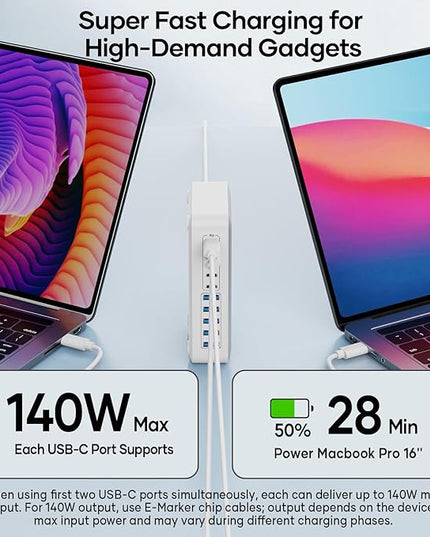 USB C Charger Hub 450W, 10 Ports Charging Station for Multiple Devices, Type C Port 140W Max for Laptops Super Fast Charging, GaN Tech Charging Blocks Comapct Design, Ultra Slim Flat Plug